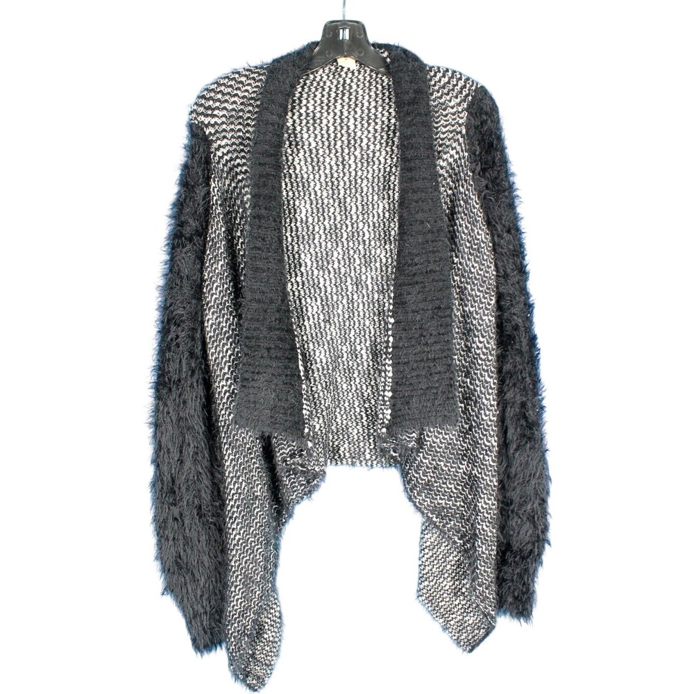 ESCIO Black/White FUZZY EYELASH Open Front DRAPPED Knit Sweater CARDIGAN Sz M